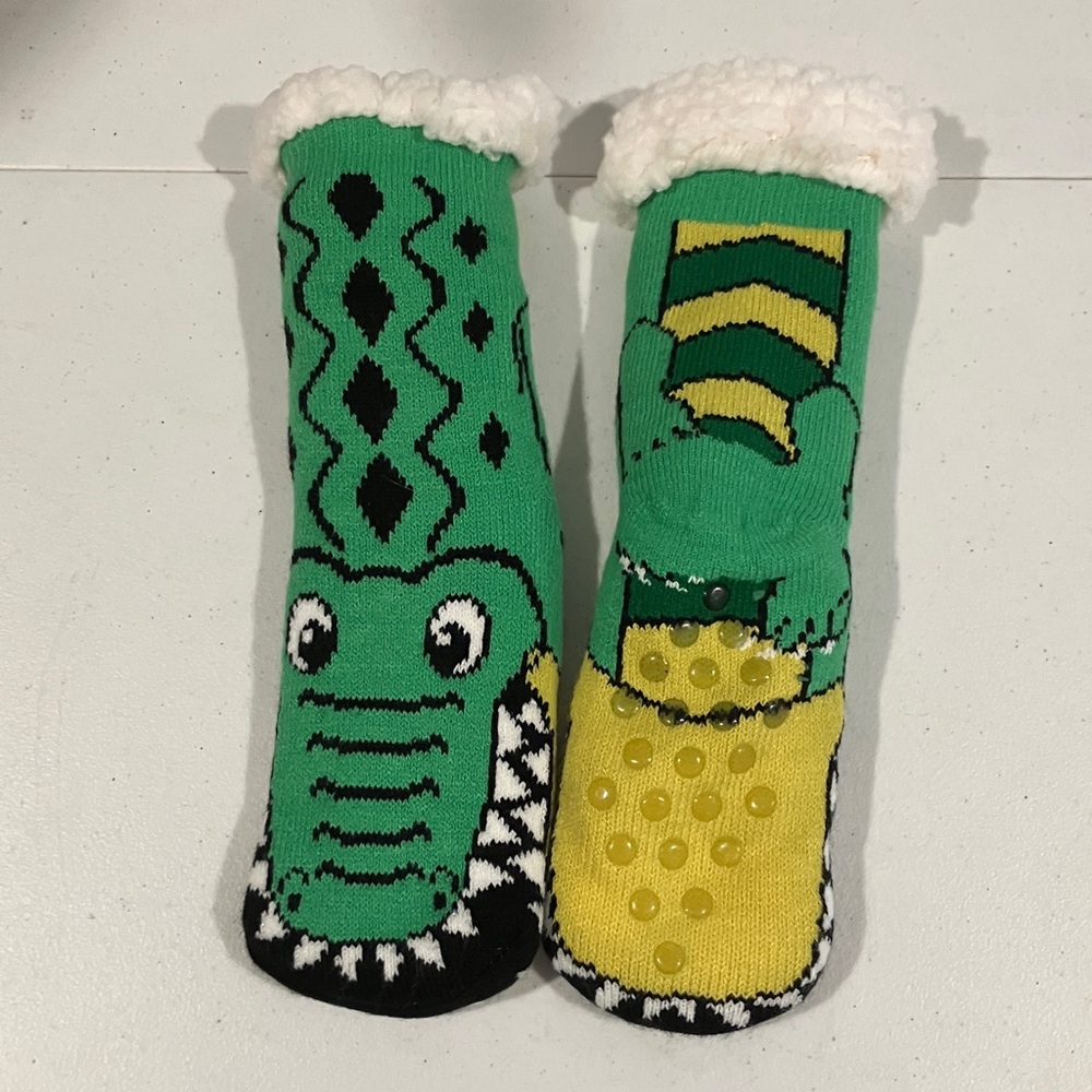 Green and Yellow Crocodile Knit Slipper Socks